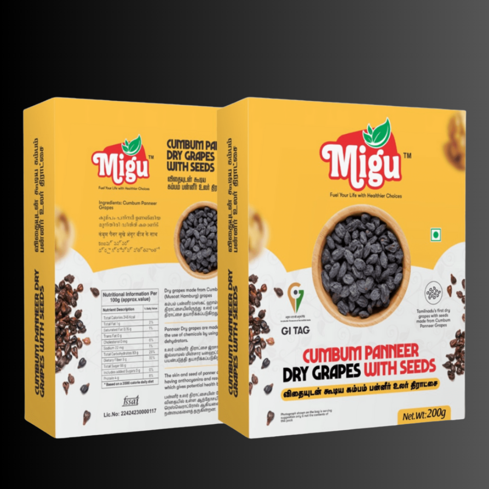 Migu Cumbum Panneer Dry Grapes with Seeds – 100% Natural, Chemical-Free, Electrically Dehydrated GI Tagged Black Raisins